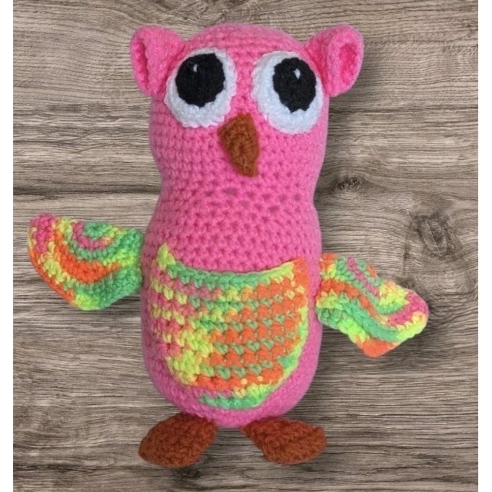 Crocheted Owl Plush Handmade Amigurumi Bird Big Eyes Stuffed Animal Pocket Pink